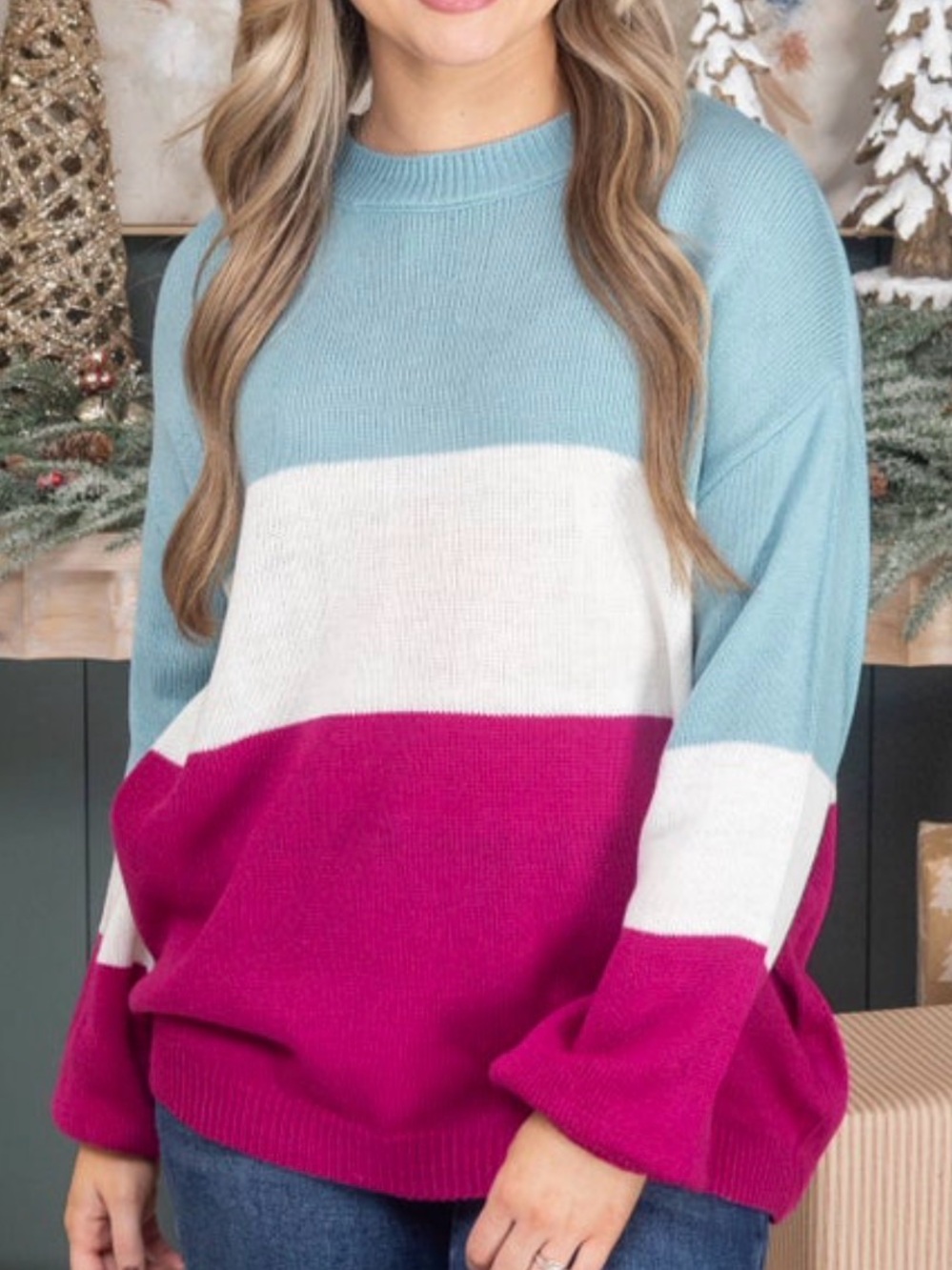 Colorblock Crewneck Sweater in Sky Blue, White & Fuchsia. Medium.